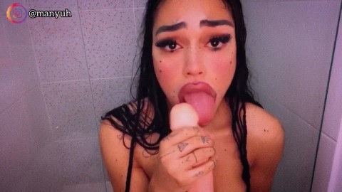 SHE TAKES LONG DILDO DEEPTHROAT SLOPPY (blowjob Ahegao)