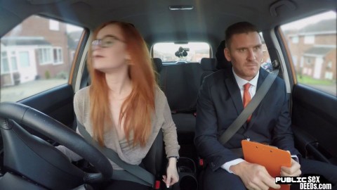 Geeky redhead blows and fucks her driving instructor