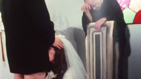 Bride give blowjob to groom at wedding ceremony