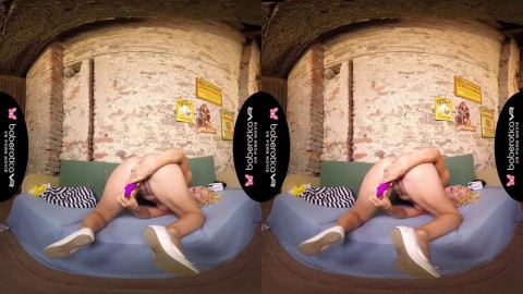 Solo blonde girl, Izzy Delphine is masturbating, in VR porn