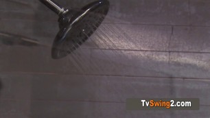 Swinger couple exposes their beautiful bodies in the shower. They are having hard sex.