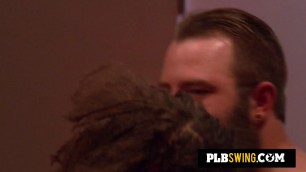 Bearded swinger guy loves to suck and kiss many different female assholes in the heated red room.