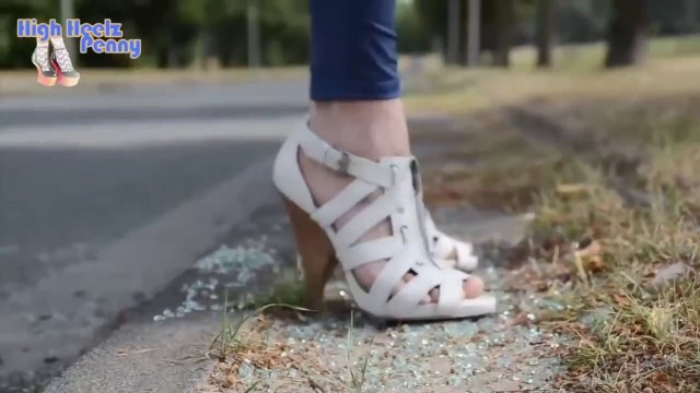 High Heelz Penny Crushing in blue liquid leather leggings and white Buffalo Heels