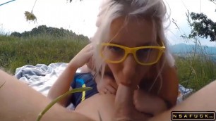 Blowjob and ass fuck outdoors with hot blonde milf