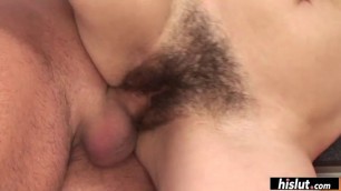 Hairy brunette gets a thick creampie 