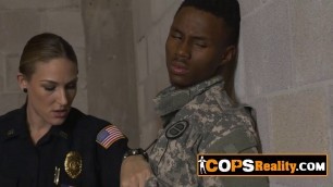 Slutty female cops are deep throating a fake soldier's BBC.