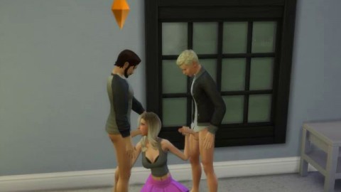 The Sims 4 Porn: Slut Sucks off two Hunks in the Living Room