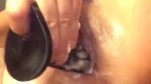 French MILF Cougar Sinks a Big Black Dildo in her Wet and Hairy Pussy