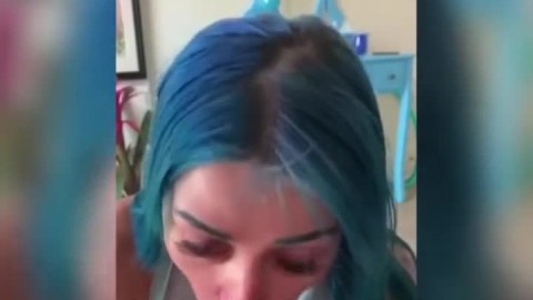 Tiny Blue Hair Teen Sucking Massive Cock CIM