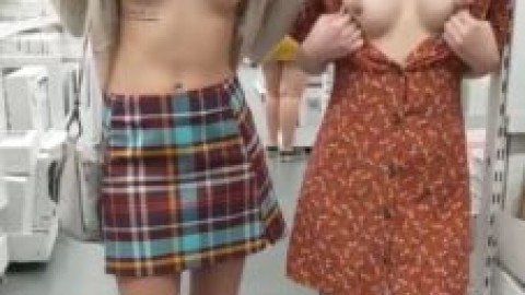 Two Shy Amateur Teens Flashing Tits in Public