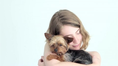 Hot Naked Blonde Cuddling her Puppy