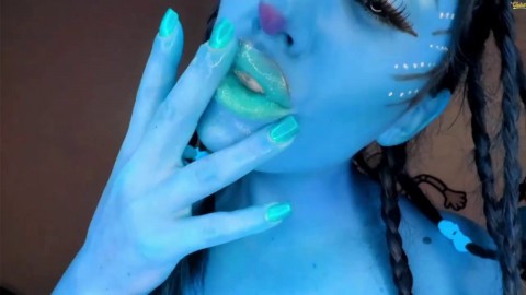 Blue Alien Cosplay Deepthroats and Drools on Dildo - Avatar Navi Ahegao - Super Sloppy Spit