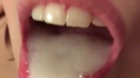 Close up Amateur Cutie Mouth Full of Cum and Swallow