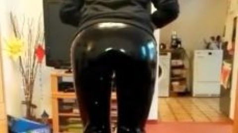 My Wife in Tight PVC Pants Ready to get her Ass Covered in Cum
