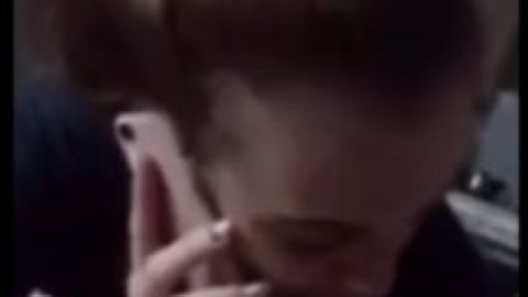 Girl Talks to Mom on the Phone and gives Blowjob to Guy
