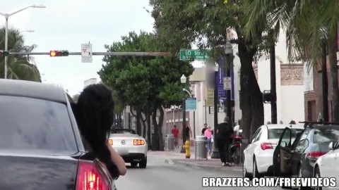 Pair of Brazzers girls drive around in a limo and chat while fucking