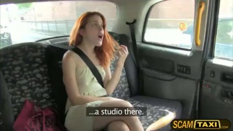 Red head Amarna suck driver cock and gets her pussy pounded in the backseat
