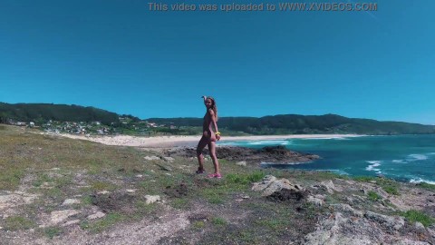 Russian Girl Sasha Bikeyeva - Spain Galicia beach Doninos. Perfect body naked nudist girl teasing and dancing on the coast of th