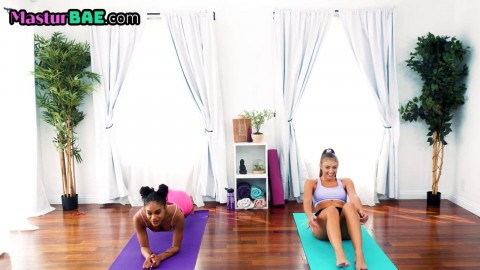 Petite ebony yoga lesbian stretches before scissoring 