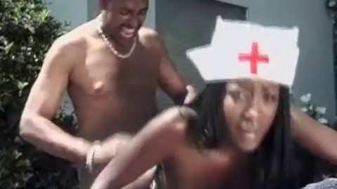 Majestic ebony nurse with enormous boobs