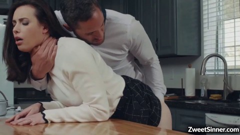 Flirty assistant seduces her boss husband in the kitchen and started a quick sex with him while her boss is busy in her office.