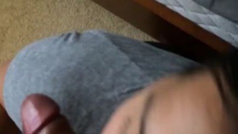 Ex girlfriend sucking my fat cock while showing her titties.