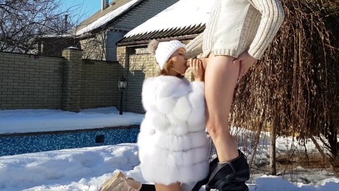 Hot fuck in the cold snow: blowjob, reverse cowgirl, doggystyle and pussy creampie in the fur coat