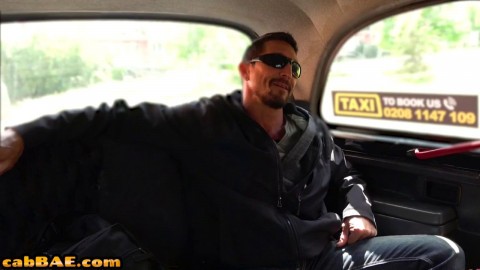 Dick tugging brunette cabbie rides passenger on backseat