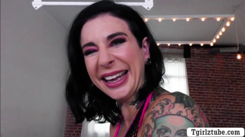 Tattooed milf fucked by super star shemale