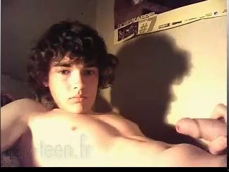 Cute curly hair teen boy strips jerks off and cums