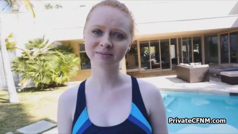 Redhead bikini teen drilled by BBC poolside