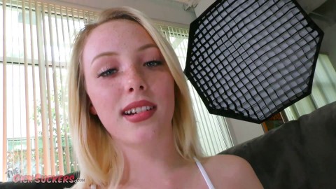 Blonde Teenager Dixie Lynn tells real life blowjob stories while sucking dick and swallowing cum!!