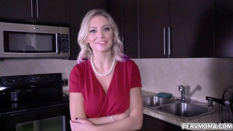 Blonde shoplifter MILF Kenzie Taylor got caught and blackmailed by stepson and performs a handsfree blowjob while wearing handcu