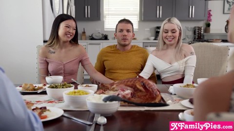 Thanksgiving stepbro is thankful for his penis and his stepsisters Haley Spades and Lulu Chu too