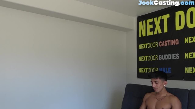 Casted Latino jock masturbates on couch until jizzshot