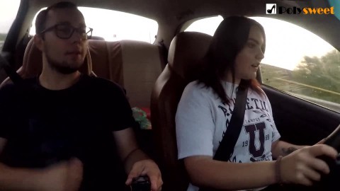 Girl jerks off a guy and masturbates herself while driving in public (talk)