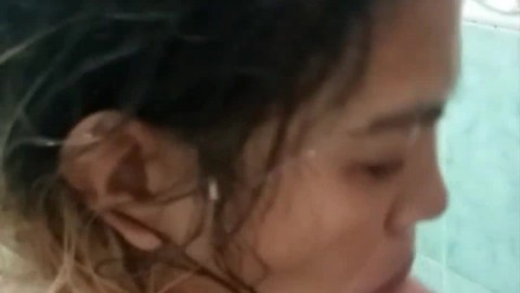 Petite Pregnant Asian Soapy Shower Blowjob then Spits cumm on tits & belly