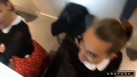 Public Blowjob in a Clothing Store with Glasses Swallows Cum Luxury Girl
