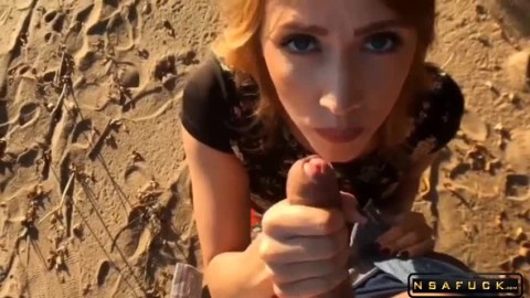 Outdoor Blowjob and Cum in Mouth Sweet Teen doing Blowjob on the Beach Luxury Girl