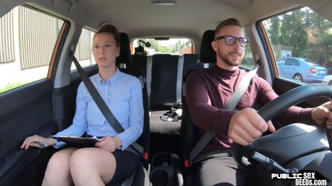Busty MILF fucked outdoor in the car by driving student