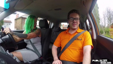 Green haired car driver pussy fucked in POV by instructor