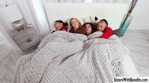 Interracial foursome with asian teen stepsis and stepbrothers