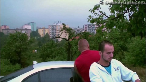 Cum through car window on a girl's face in public sex gang bang orgy