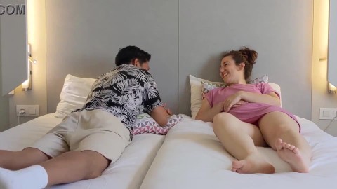 Step Bro and Step Sis fight with pillows hotel room