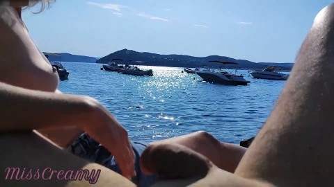 French Milf Handjob Amateur on Nude Beach public in Greece to stranger with Cumshot - MissCreamy porn