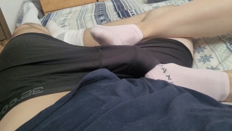 teen teases cock with toes gives footjob till cumshot on socks
