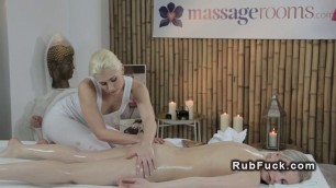 Lesbian masseuse vibrates sexy customer