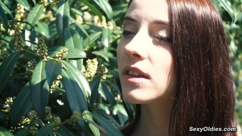 Teen neighbor Charlotte Johnson teasing old man Bruno for outdoor sex in his backyard