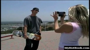 Alana Evans drops by a professional skate borders house to get an autograph