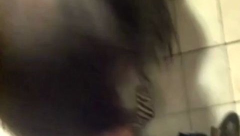 Brunette has doggystyle fuck in a public restroom